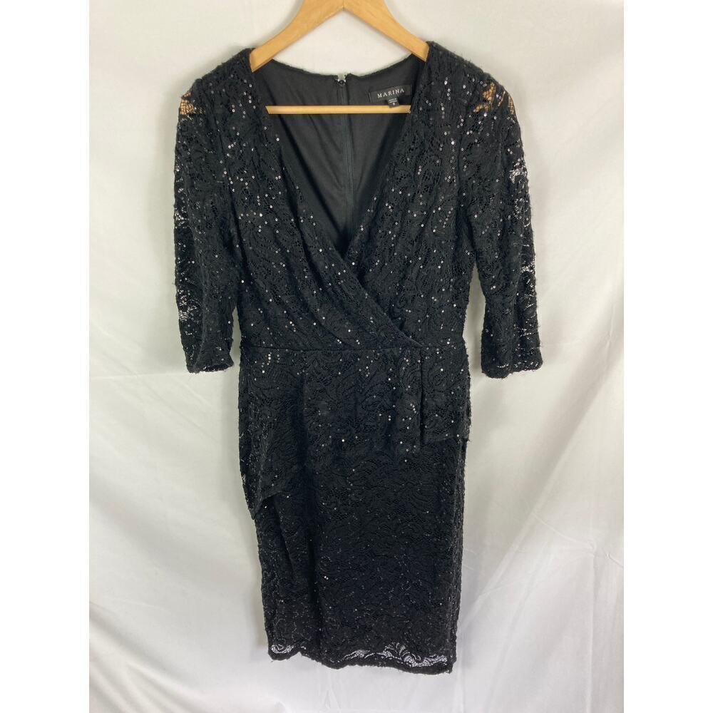 Marina Sequin Lace Faux Wrap Black Dress Size 8